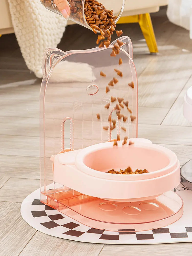 Grey adjustable height cat feeding bowl with anti-spill design and neck protection features