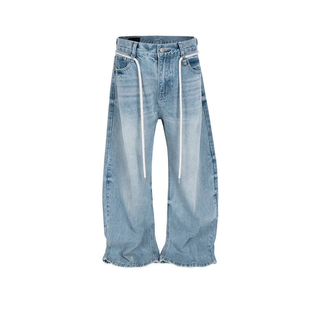 Blue vintage washed cotton denim straight-leg trousers with drawstring belt