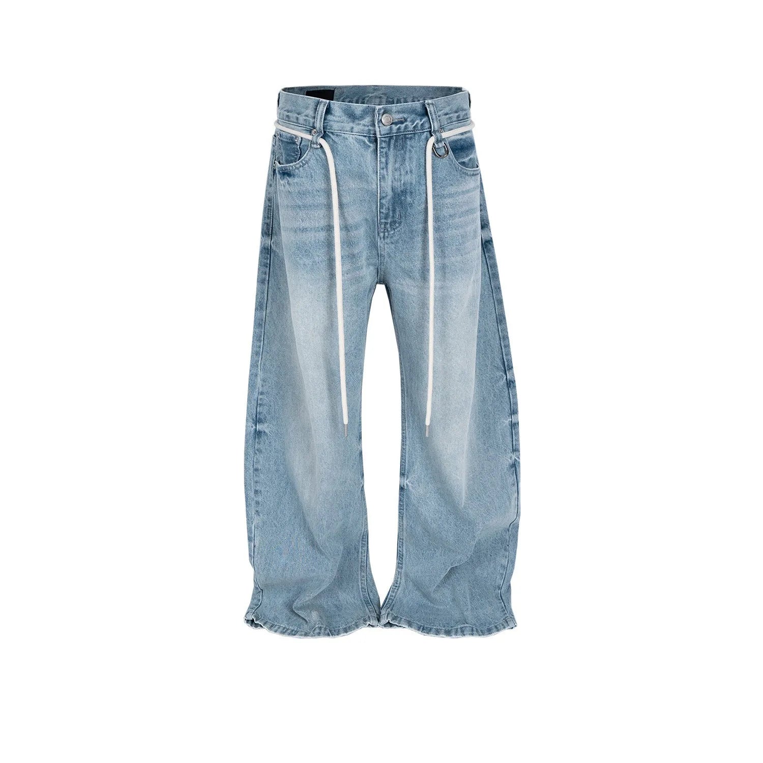 Blue vintage washed cotton denim straight-leg trousers with drawstring belt