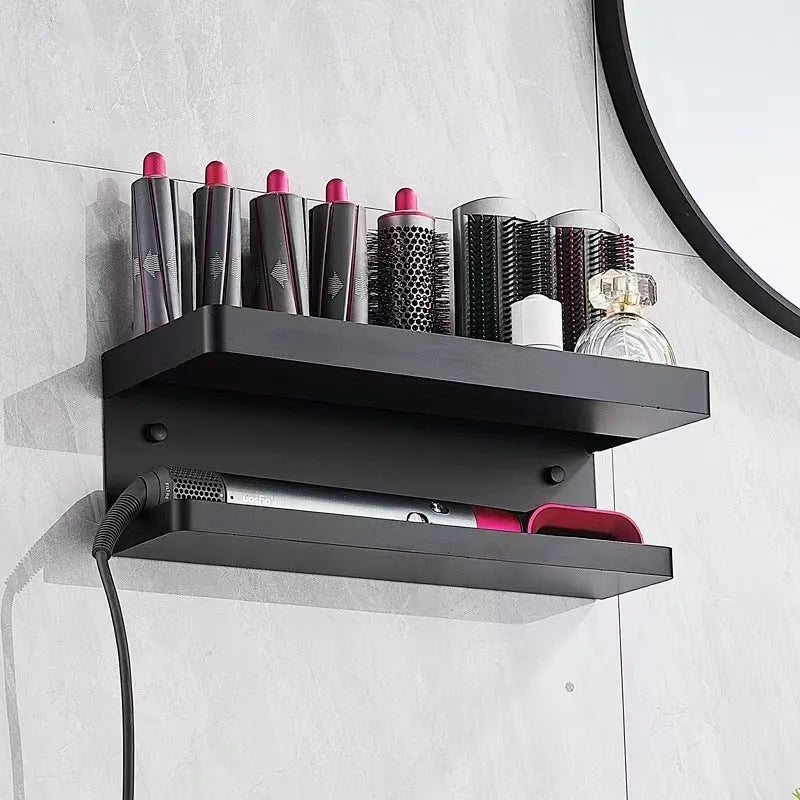 Black punch-free aluminium Marcel waver storage rack mounted on bathroom wall