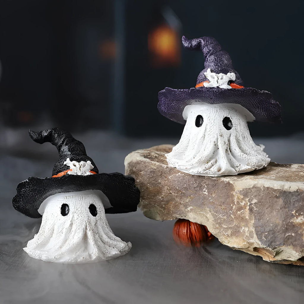 Resin wizard hat ghost Halloween ornament in black or purple for seasonal decoration
