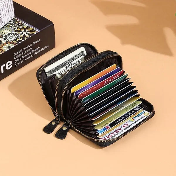 Cowhide double layer zipper expanding card holder in red with anti-theft RFID protection and gift box