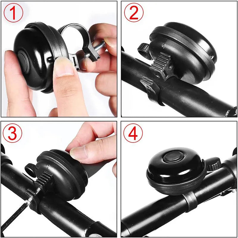 Black ABS bicycle flat bell 58mm diameter on handlebar with fixture for mountain bike