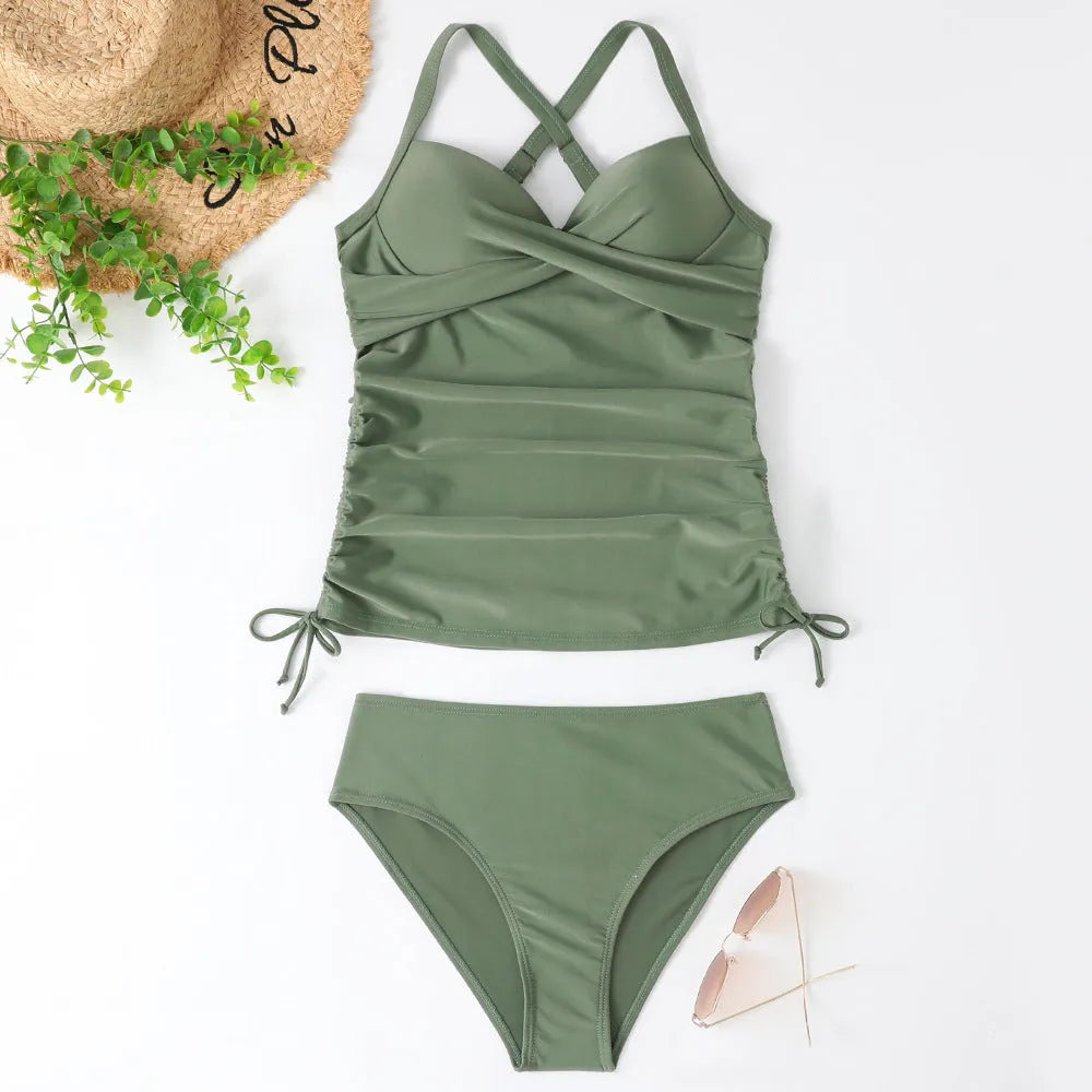 Women's high-waisted slimming bikini set in nylon, shown in leopard print colour option.