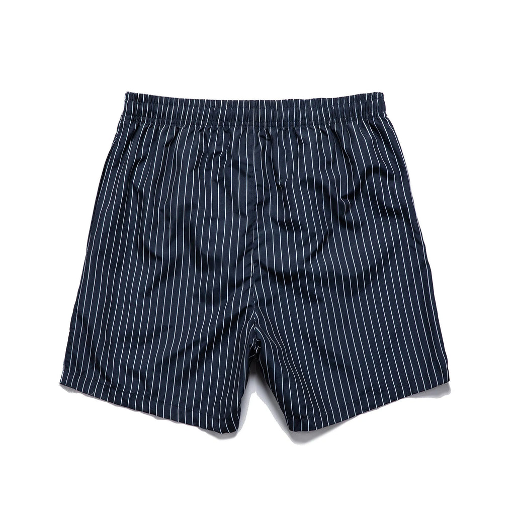 Striped polyester beach shorts with straight leg opening in navy blue grey khaki light blue colours