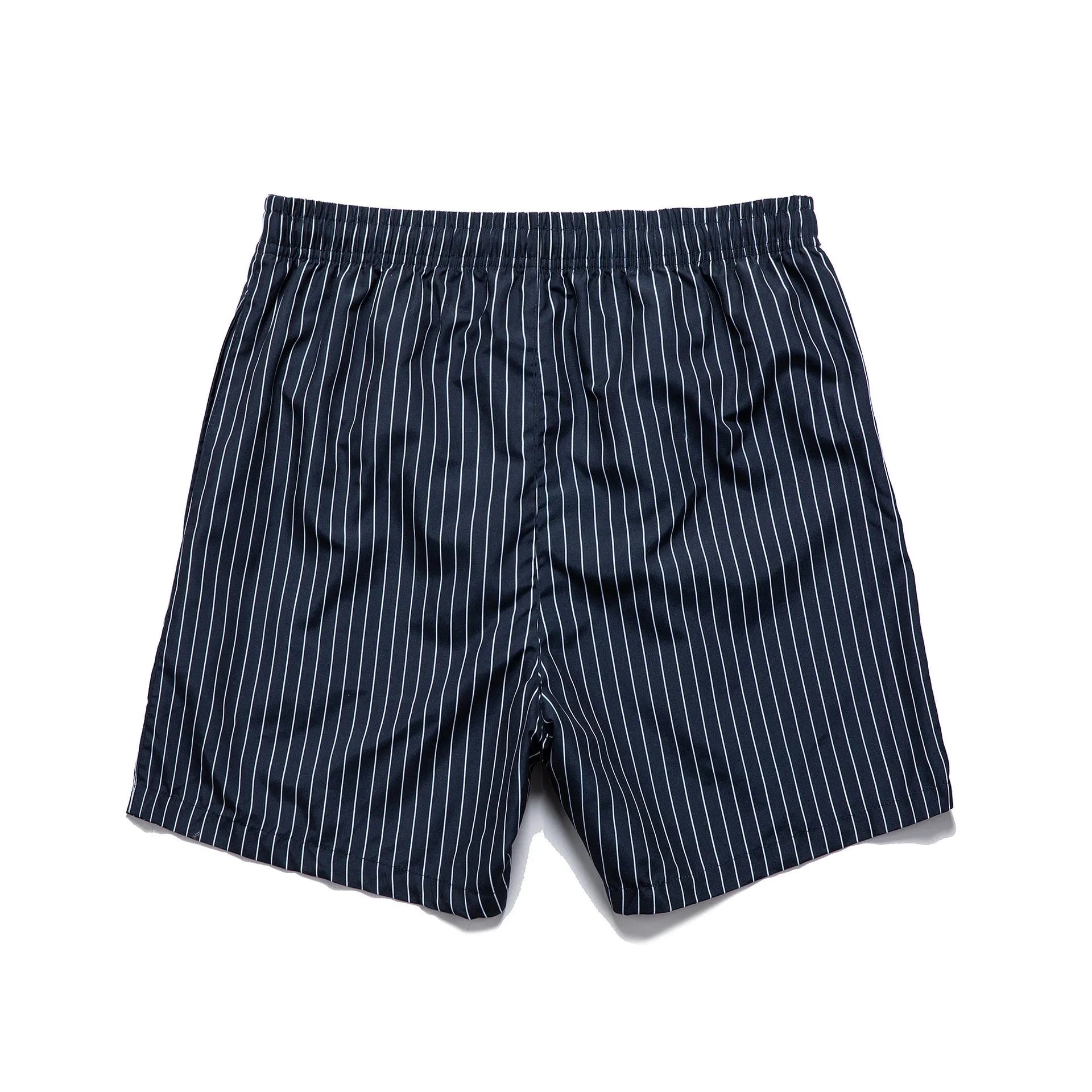 Striped polyester beach shorts with straight leg opening in navy blue grey khaki light blue colours