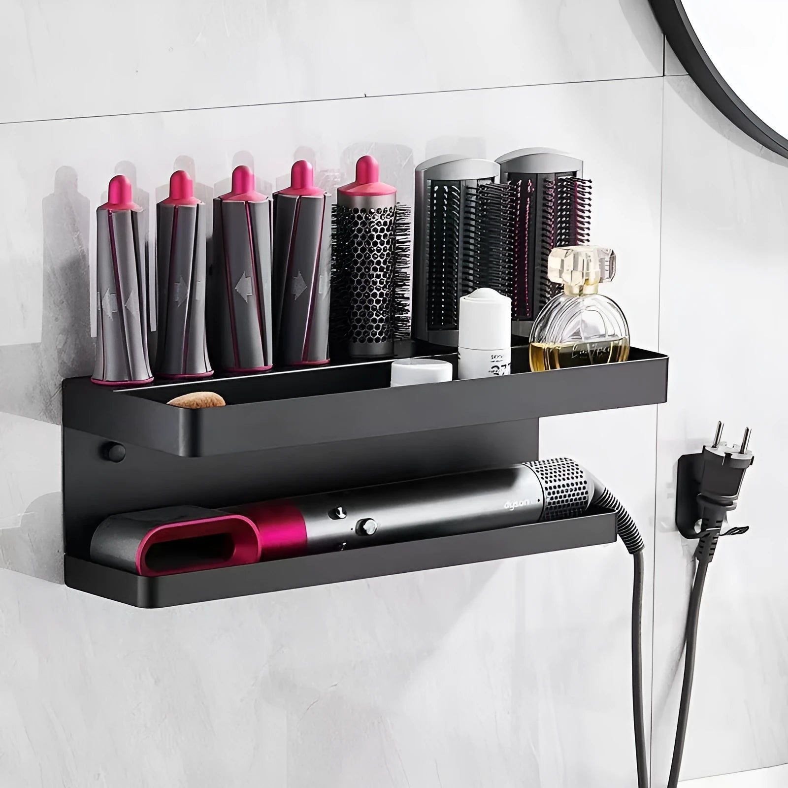 Black punch-free aluminium Marcel waver storage rack mounted on bathroom wall