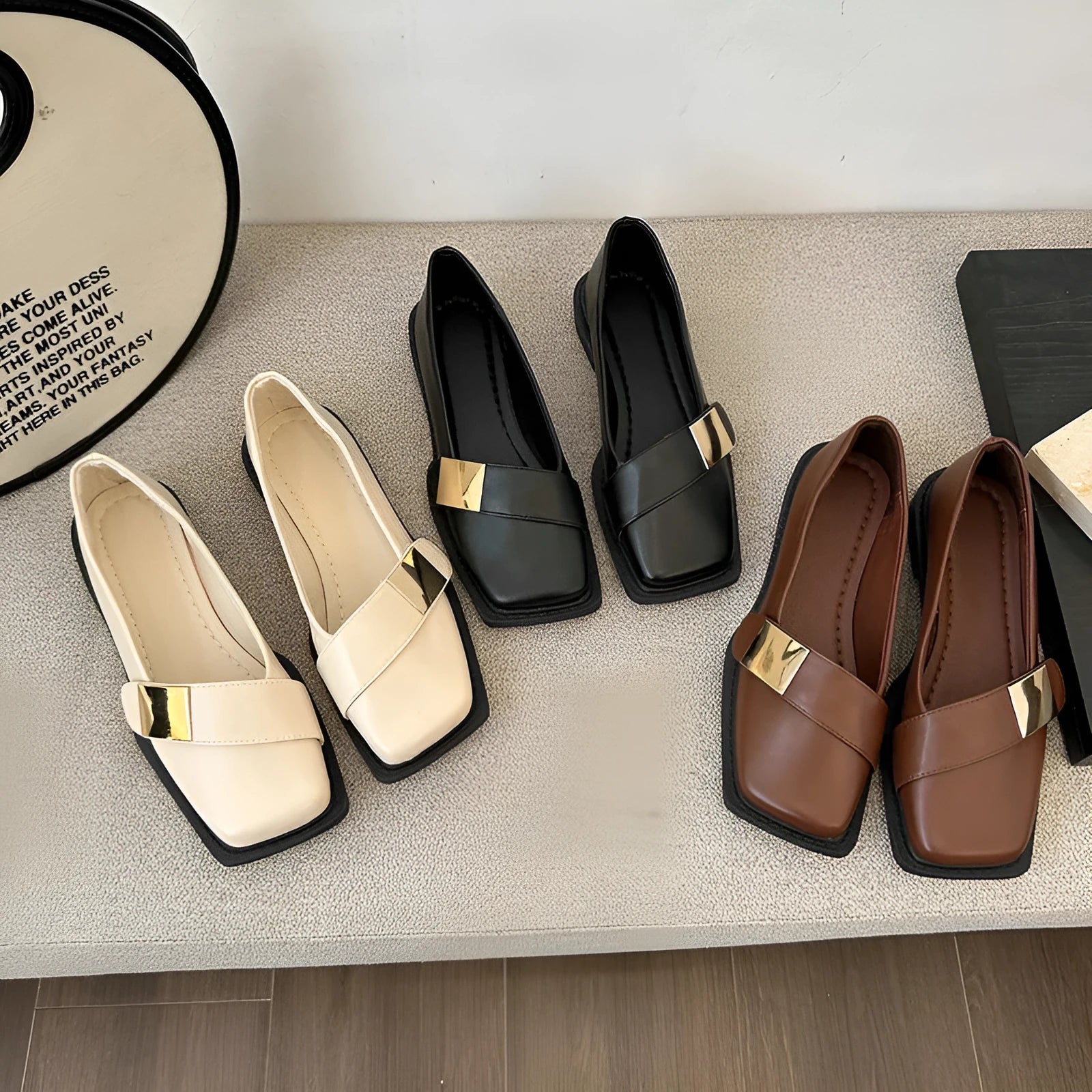 Women's square toe flat-heeled shoes with metal buckle, low heel 1-3cm, artificial leather upper, beige colour