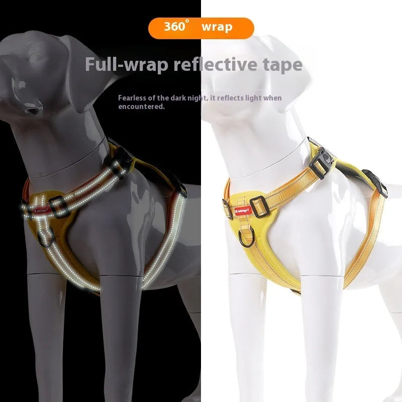 Dog chest harness and lead set in multiple colours including black, yellow, red, orange, pink, and lake blue