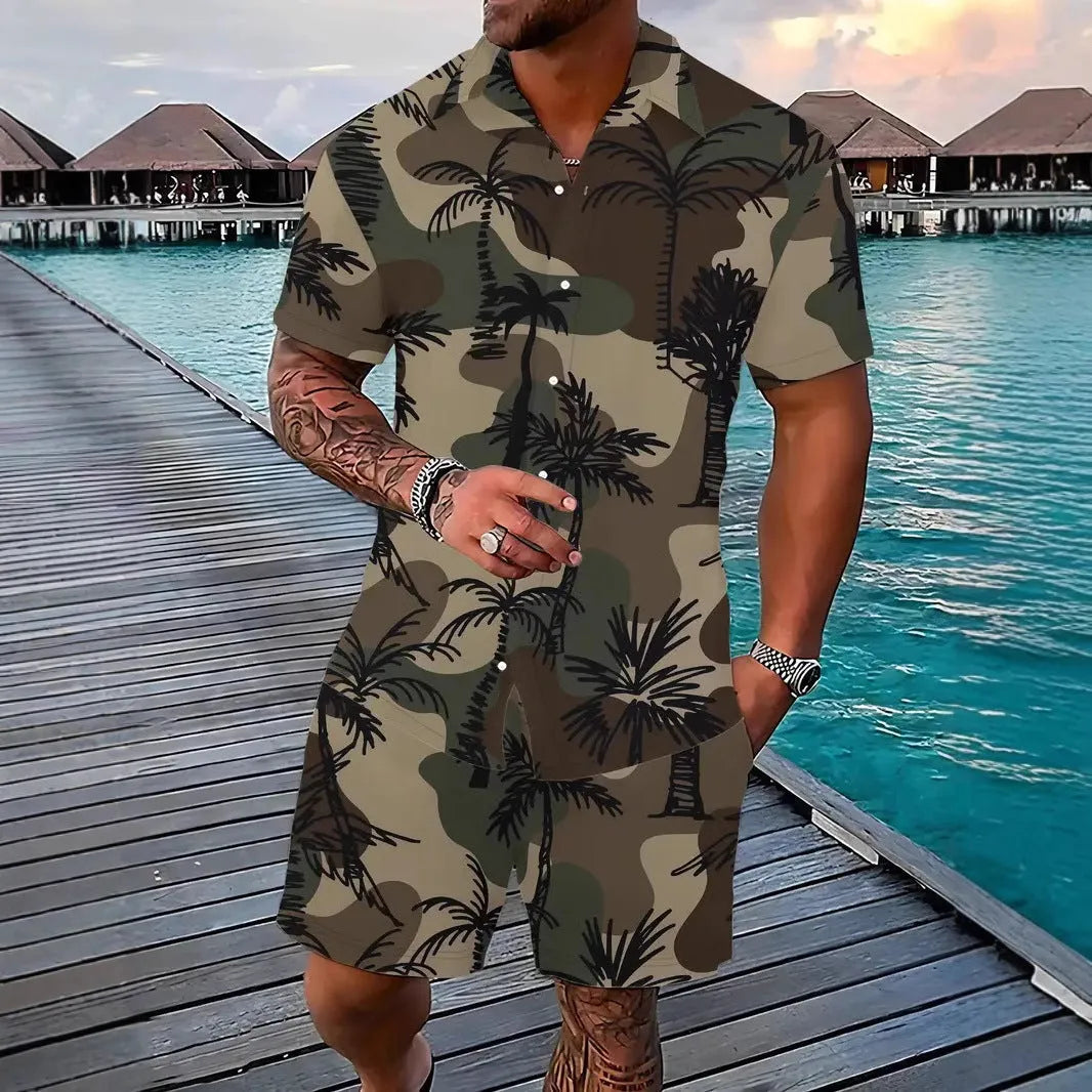 Men's Hawaiian print short sleeve suit with matching shorts, shown in available colours