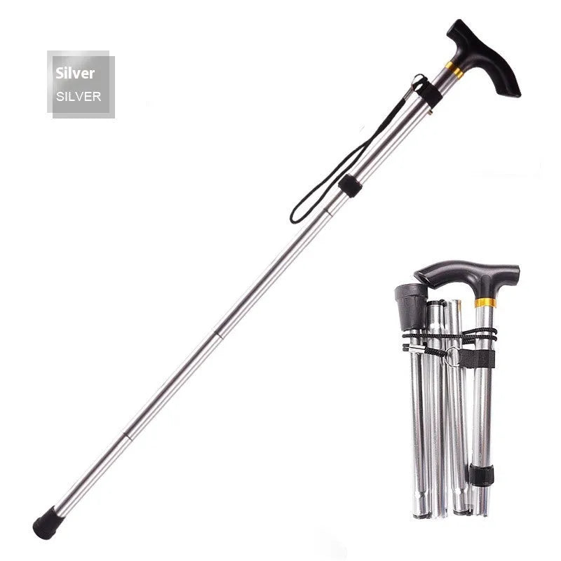 Aluminium alloy folding walking stick adjusted to show length, displayed in a choice of colours.