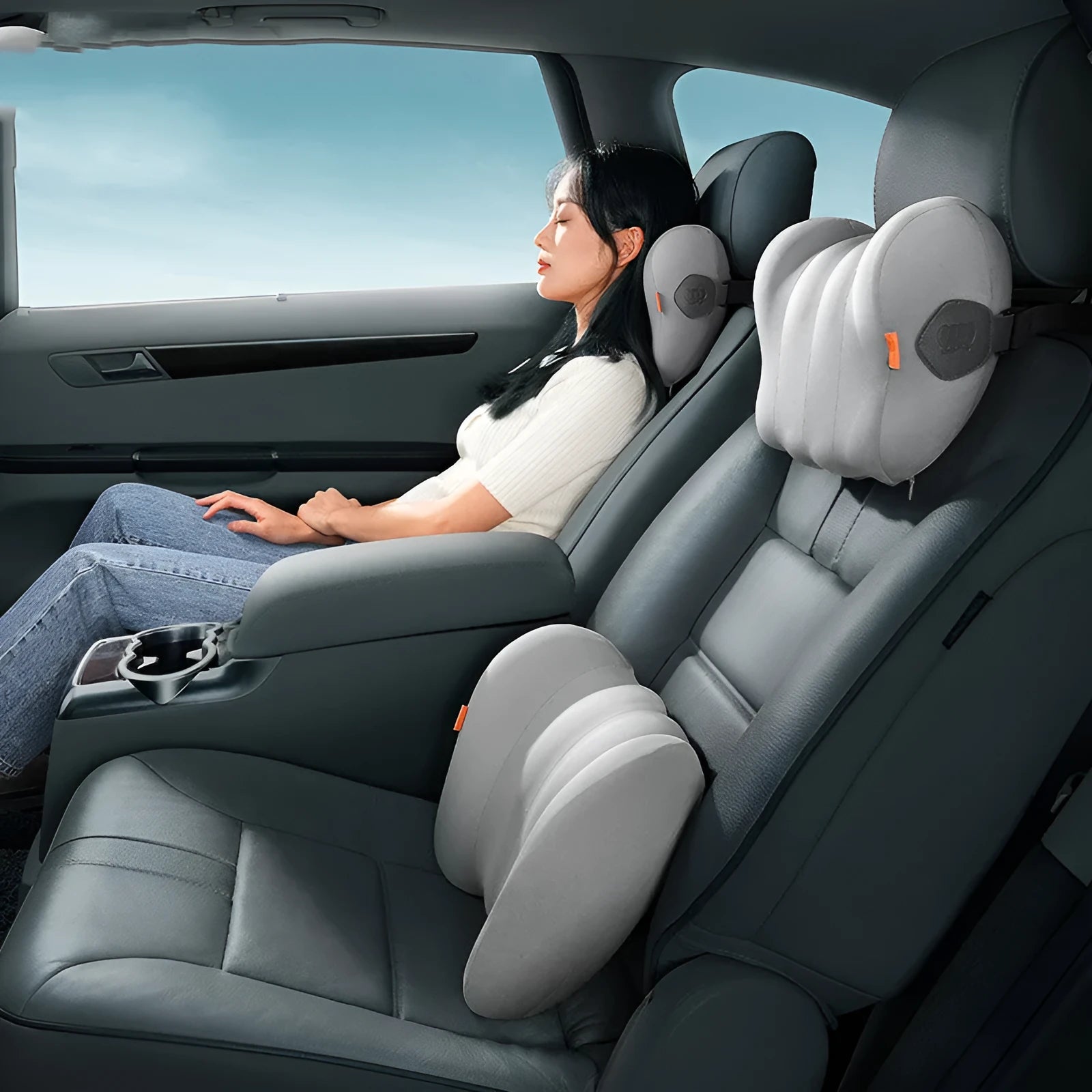 Grey and orange car seat head pillow and lumbar pillow set with space memory cotton interior
