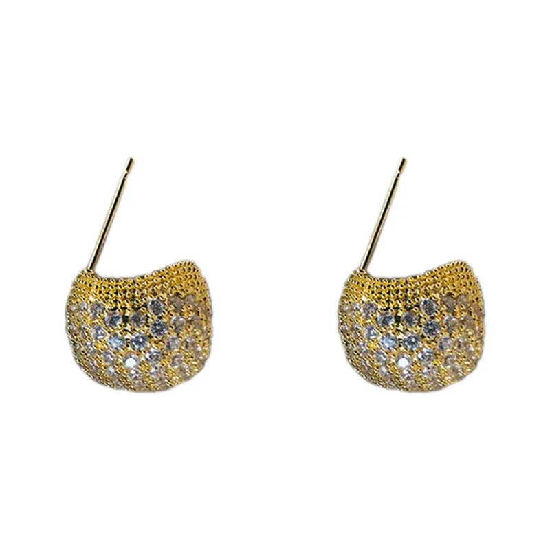 Women's geometric drop-shaped gold earrings with full diamond little golden beans design and spherical elements