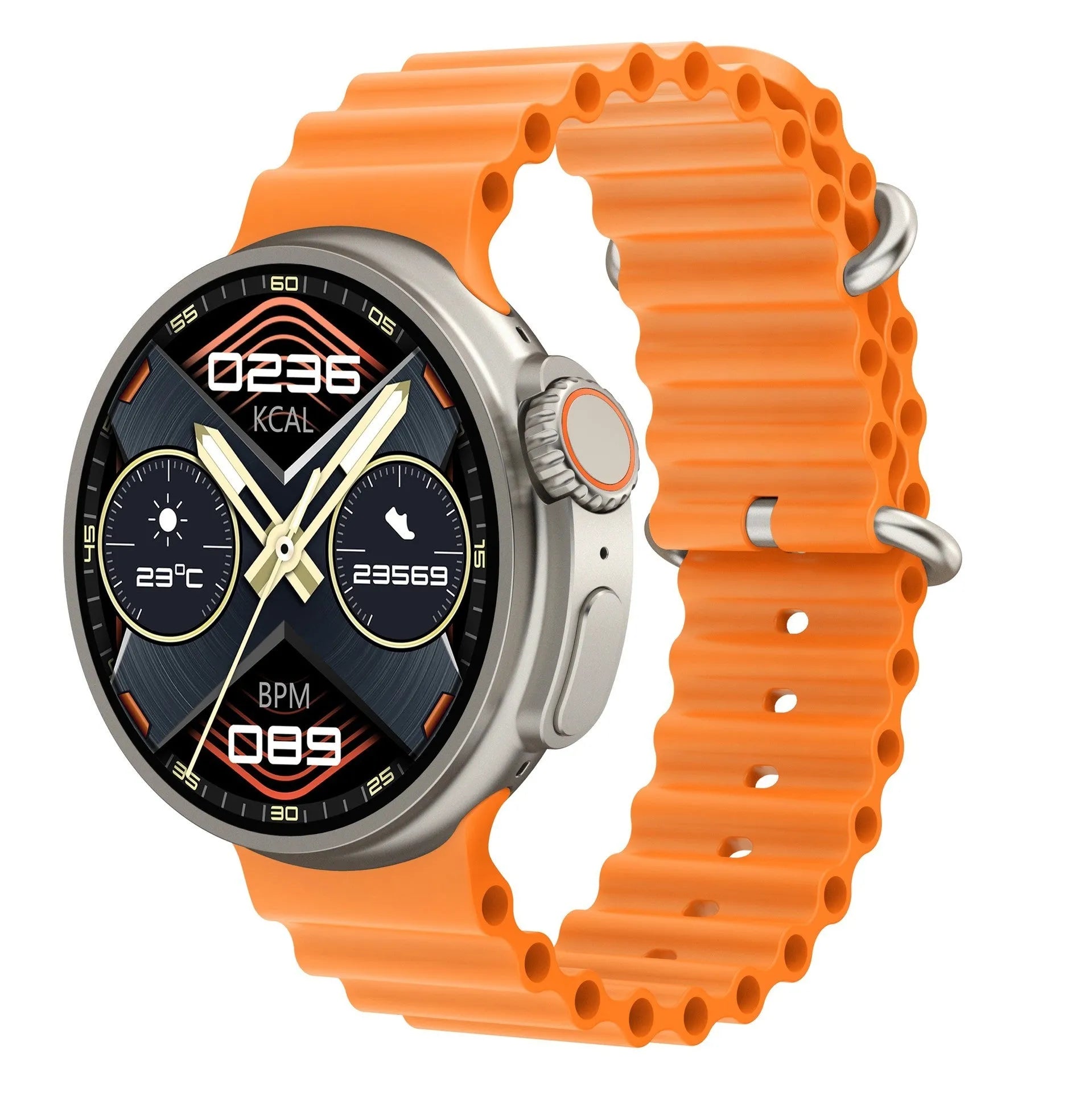 K9 smart watch with round screen on silicone strap showing health metrics display