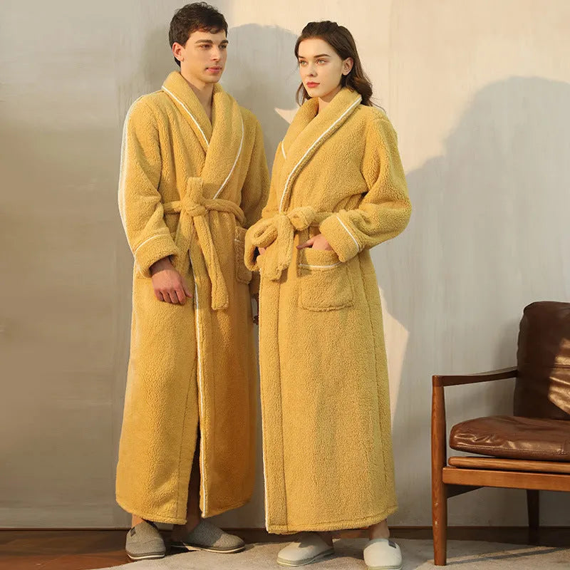 Super thick flannel winter bathrobe for a couple in red and grey, showing plus size fit.