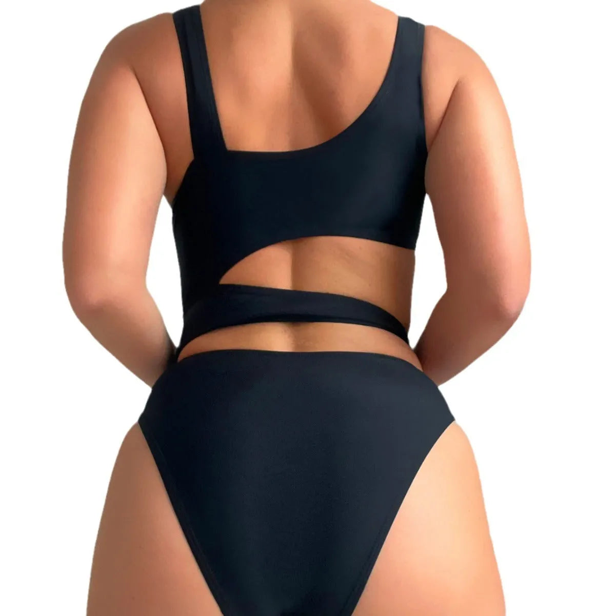 Black solid colour high cut hollow detail one-piece swimsuit for adult women