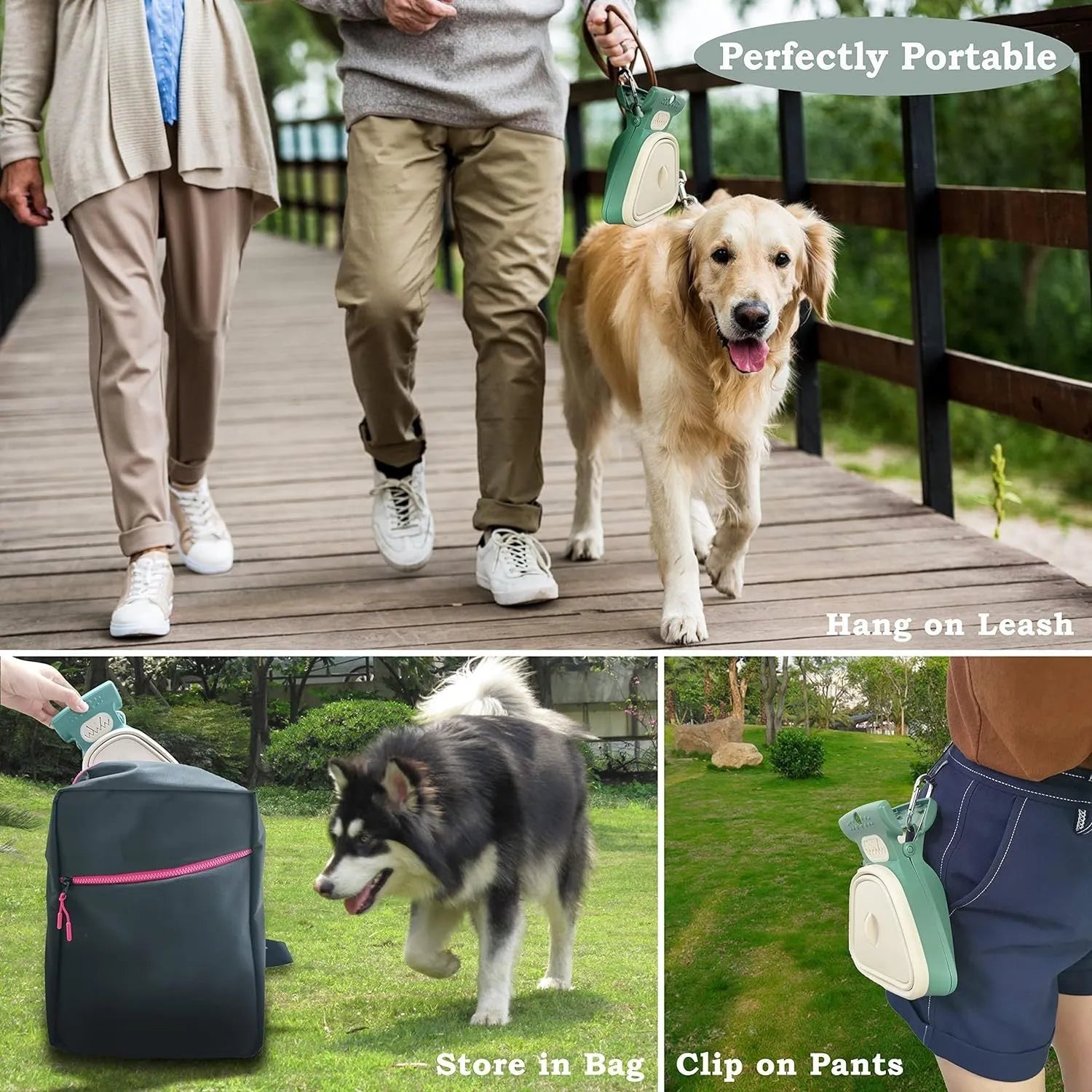 Blue portable dog pooper scooper with carabiner clip and integrated waste bag compartment.