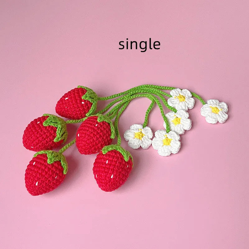 Wool crochet strawberry pendant necklace with woven design on 35cm cord