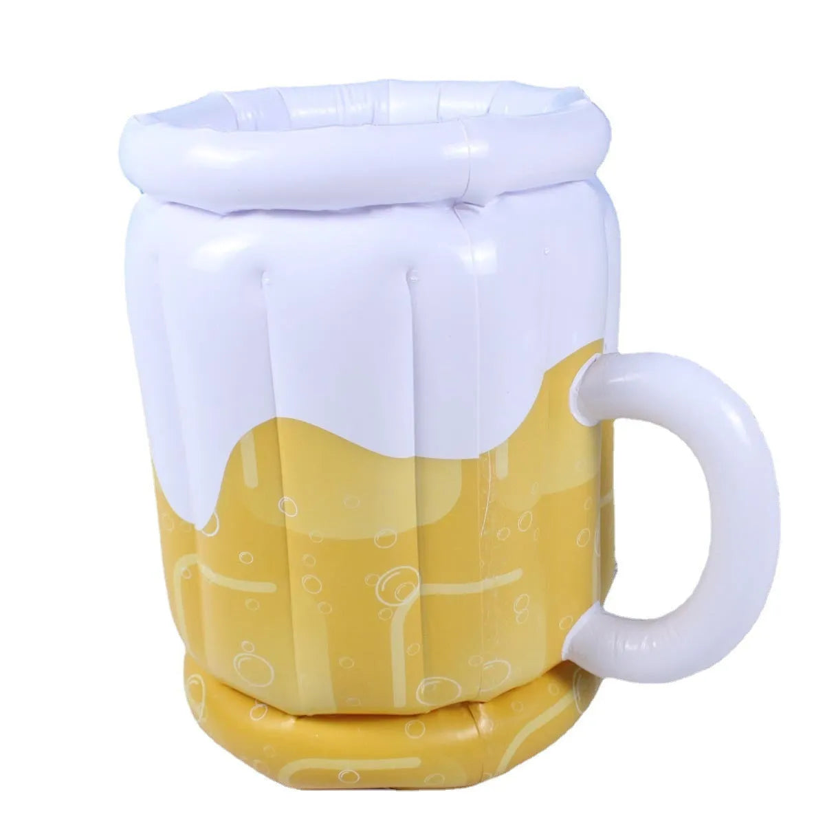 Yellow inflatable beer mug shaped cooler float with drink holders in a swimming pool
