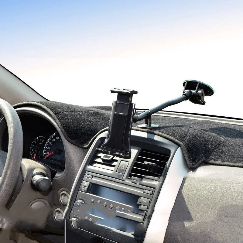 Black vehicle-mounted tablet holder with extendable suction cup rod and lifting bracket for 4-12 inch devices