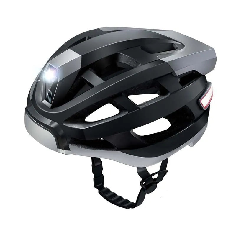 Smart Bluetooth warning light cycling helmet in black and gray, free size 57-62 cm, with integrated light and USB port.
