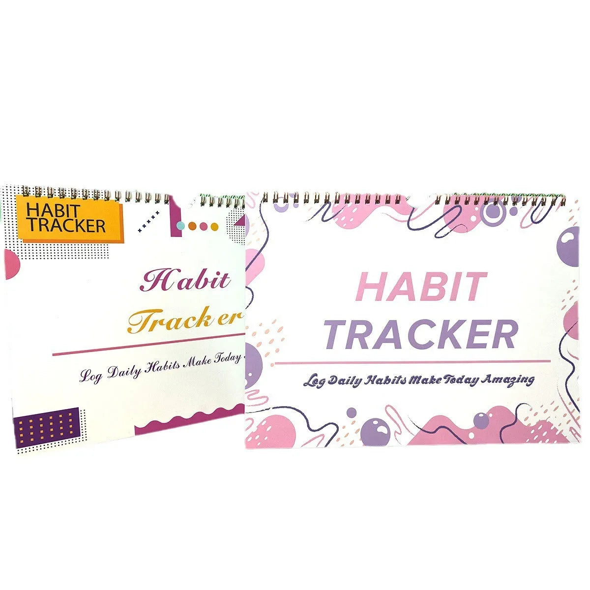 English habit tracking journal with 12 pages in 21cm by 28cm size, showing four colour options