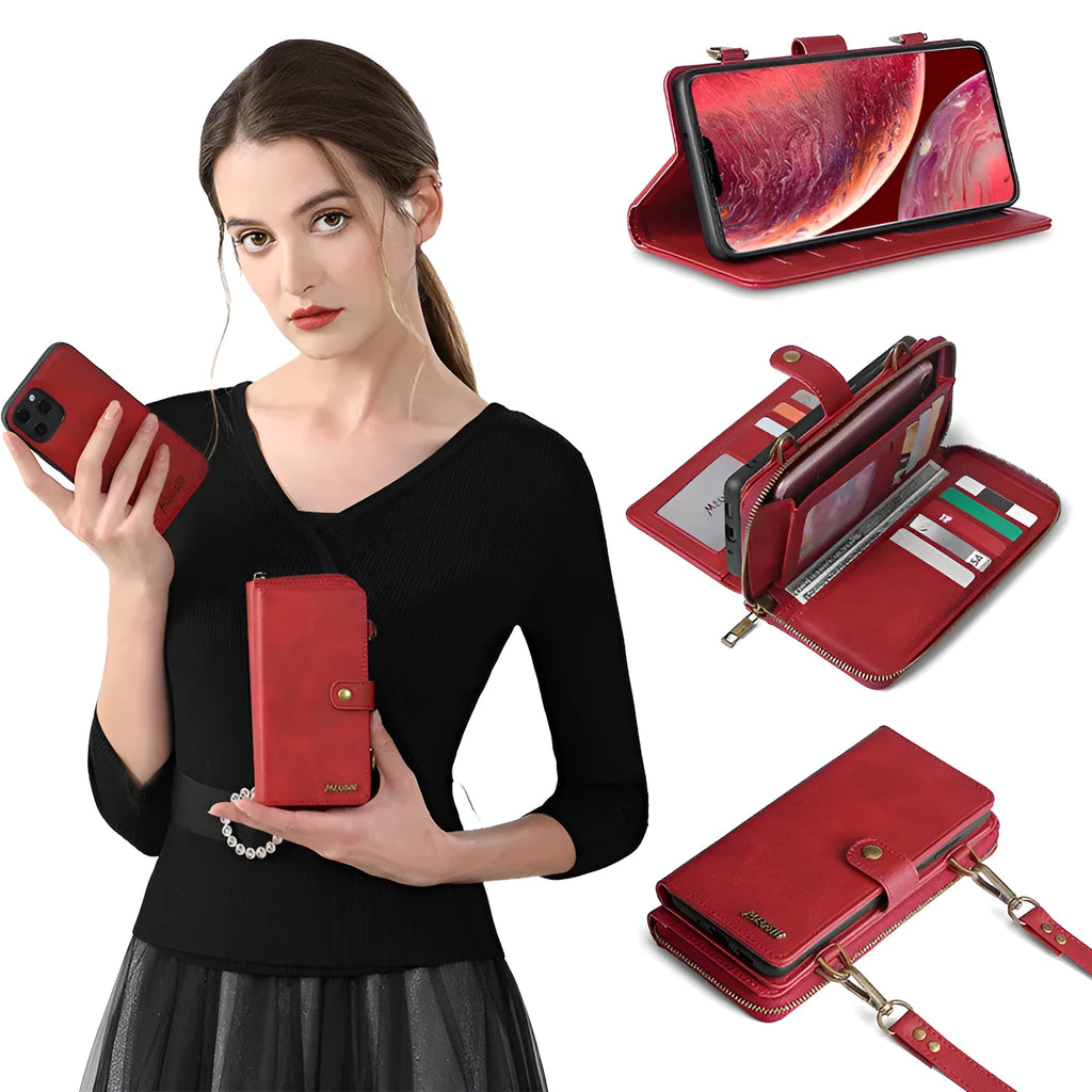 Detachable wallet backpack leather flip phone case for iPhone and Samsung Galaxy Note in black, blue, brown or red