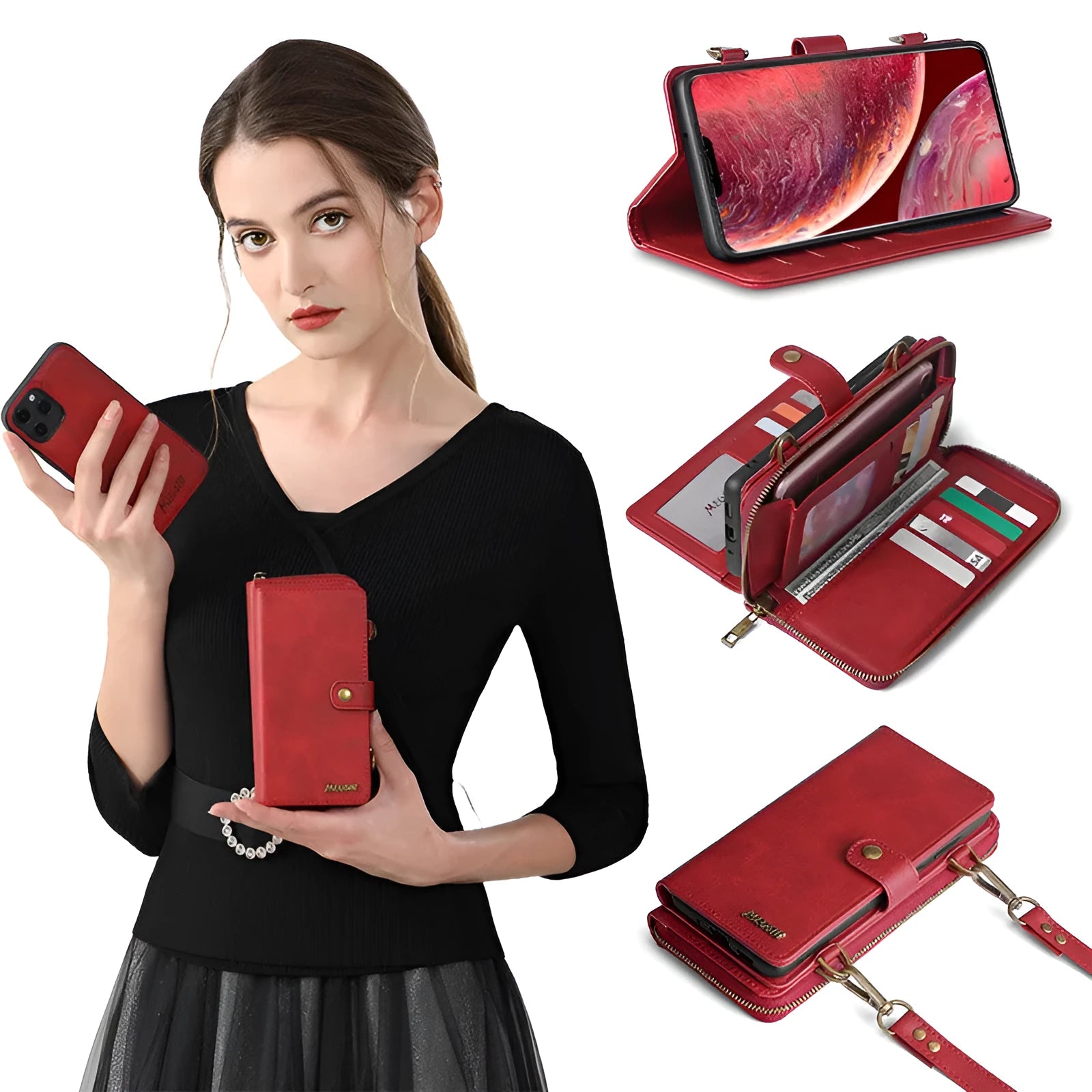 Detachable wallet backpack leather flip phone case for iPhone and Samsung Galaxy Note in black, blue, brown or red