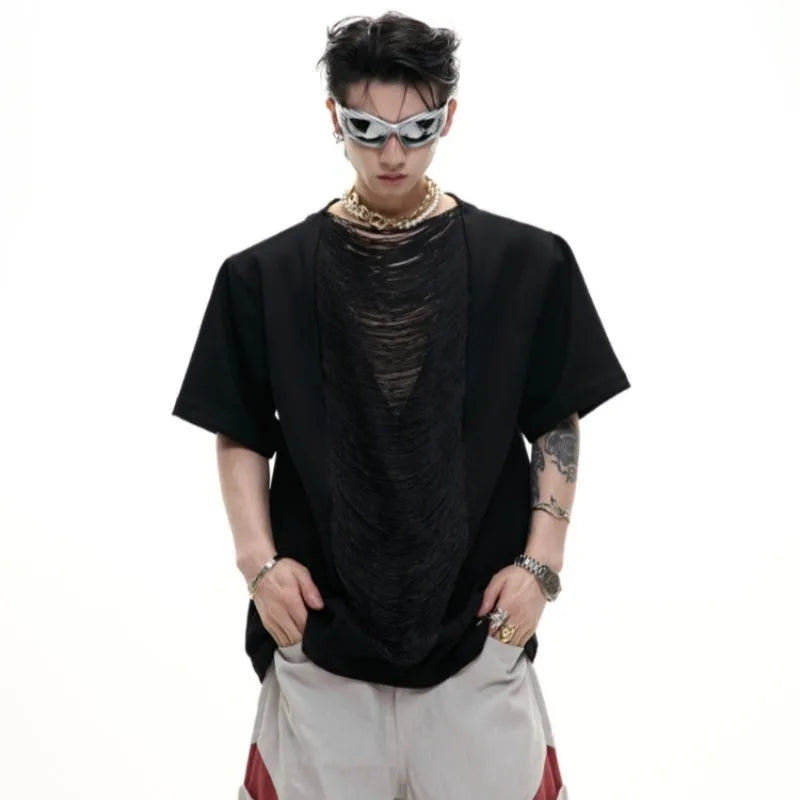 Men's black loose fit t-shirt with hollow out V-neck and short sleeves