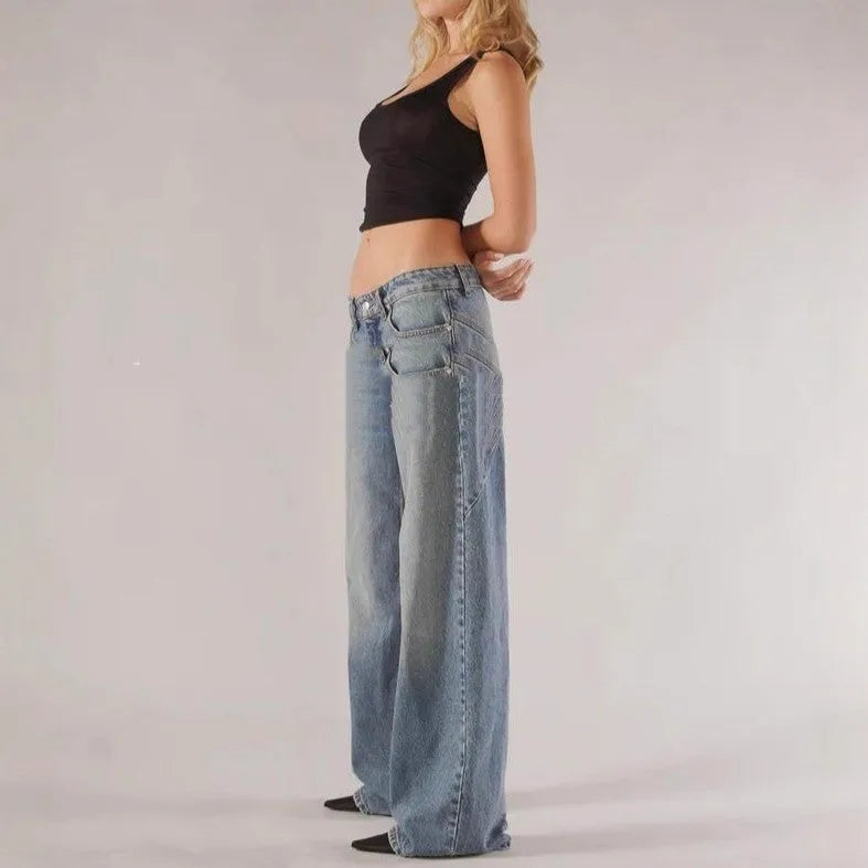 Loose straight wide leg cotton mop trousers in blue with low waist and splicing stitch detail