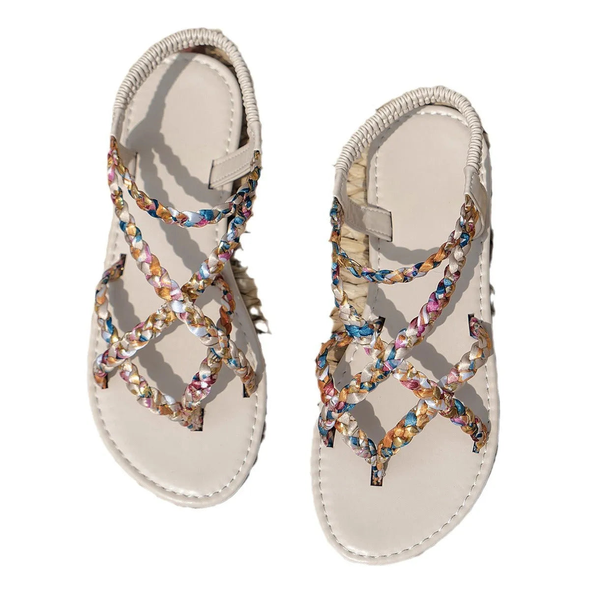 Flat sandals with cloth cover upper, elastic band, low-top round-toe design in black and white colour options