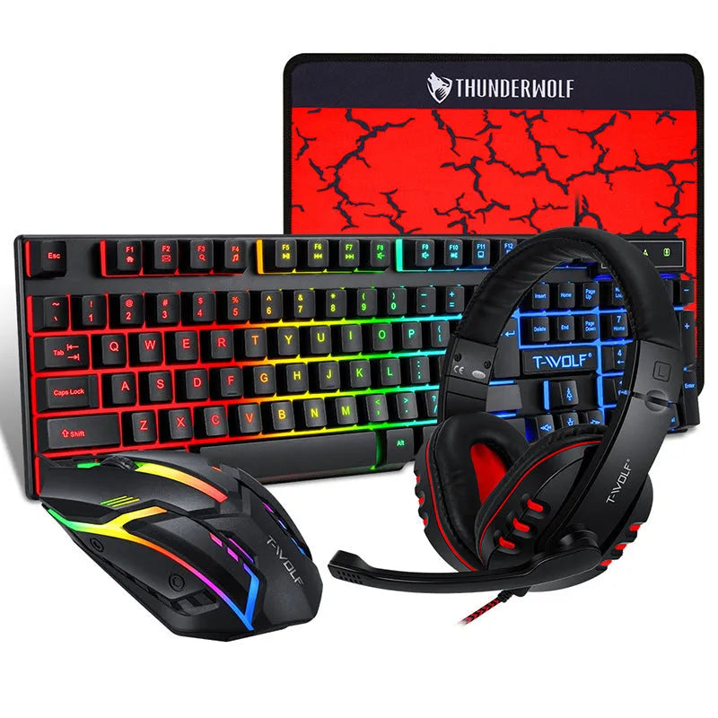 Thunder Wolf T800 wired keyboard, mouse, headset, and mouse pad four-piece computer peripheral set.