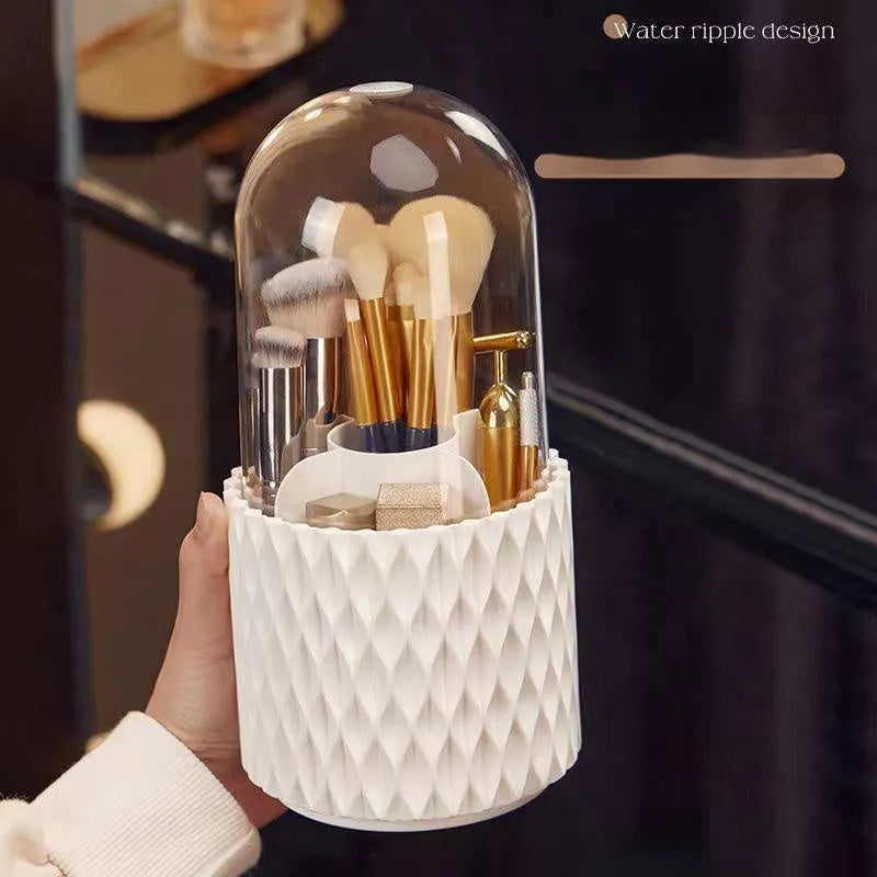 White acrylic makeup brush holder with transparent dust cover and rotating base