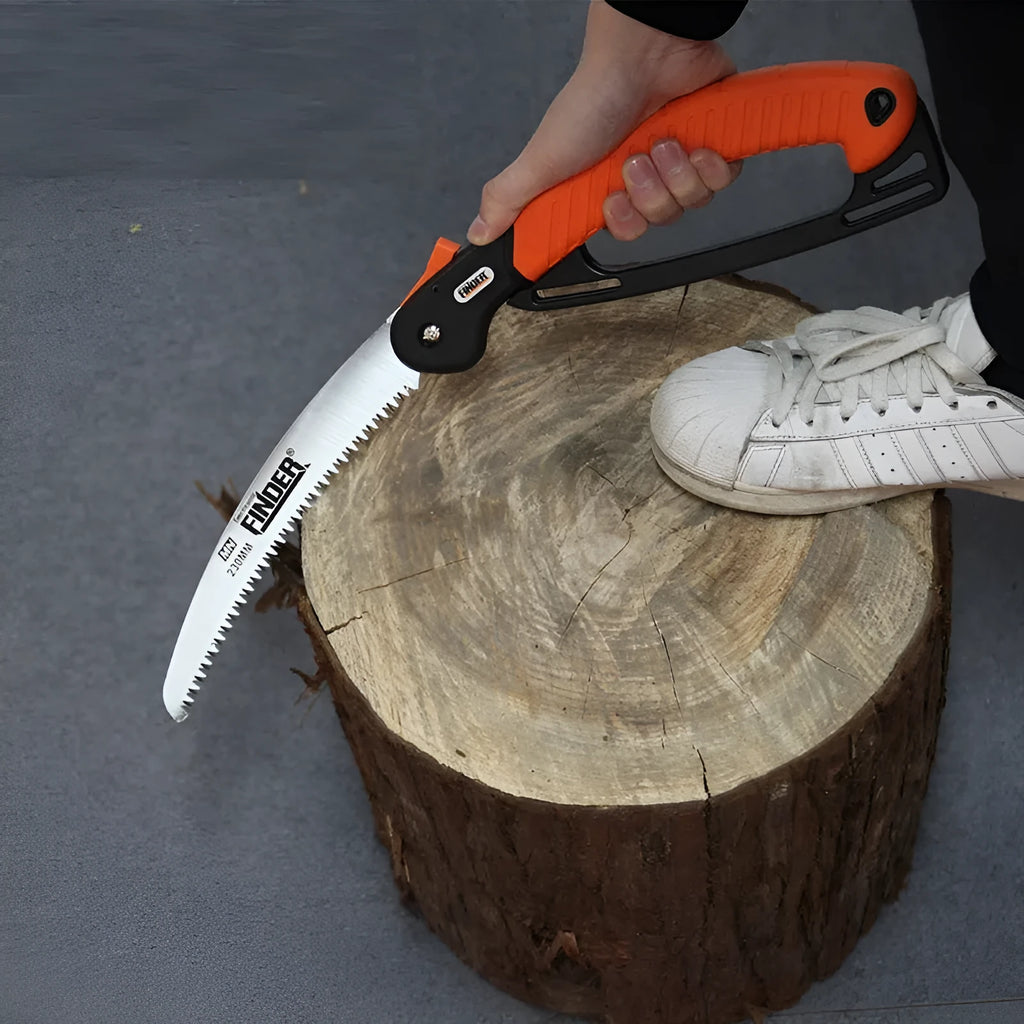 9-inch folding garden hand saw with black TPR rubber grip and silver steel blade shown both open and closed.