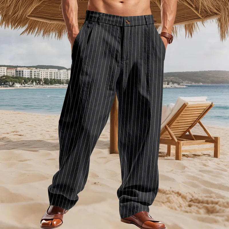 Men's linen striped high waist wide leg trousers in light khaki, front view