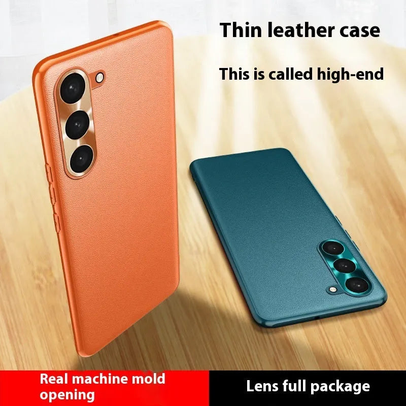 Leather phone case with metal lens ring and leather pattern for Samsung, available in Athens Black