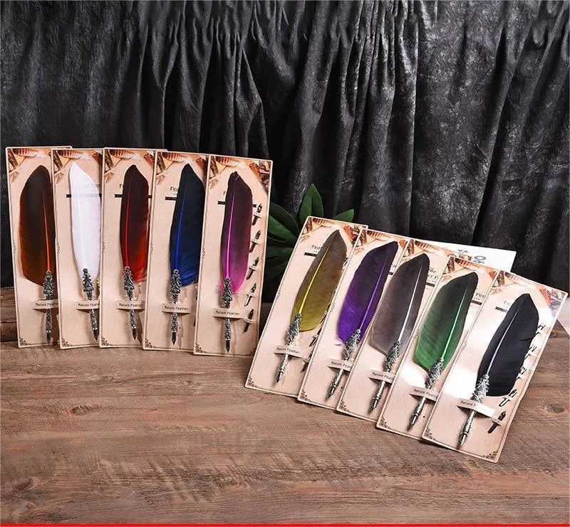 Vintage feather dip pen in ten colours with zinc alloy casing measuring 30×13×4 cm