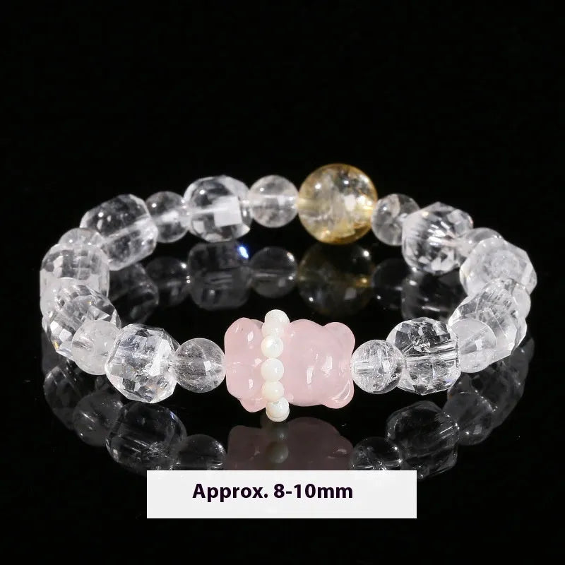 Natural starlight pink crystal cat head bracelet with copper setting, round gemstone bead, handmade women's bracelet