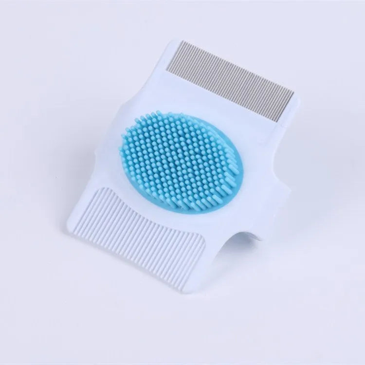 Multifunctional pet comb for dog grooming in Blue or Green measuring 8.5cm x 7.5cm x 2.5cm for flea and hair removal.