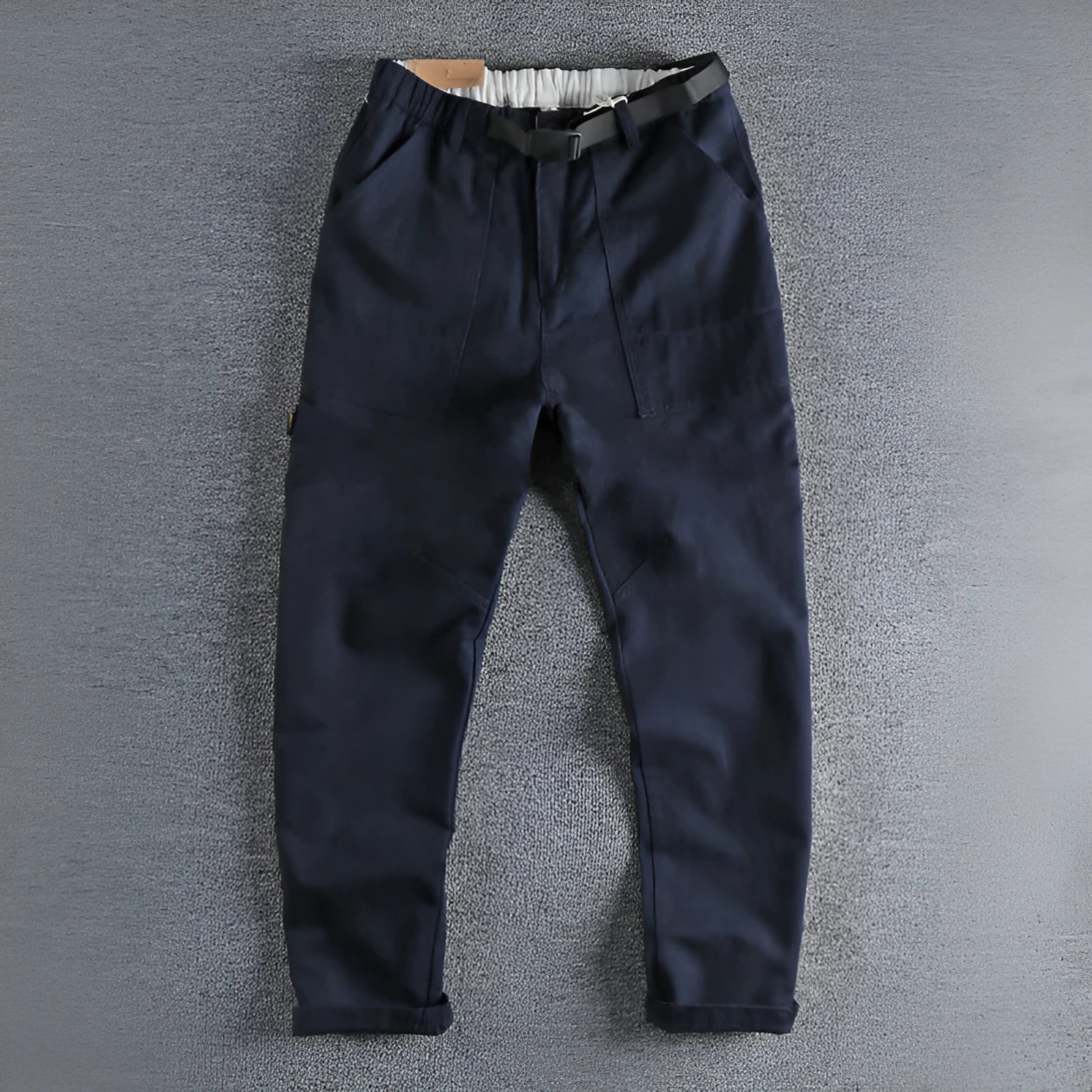 Men's khaki work trousers with a NI buckle belt closure and straight leg