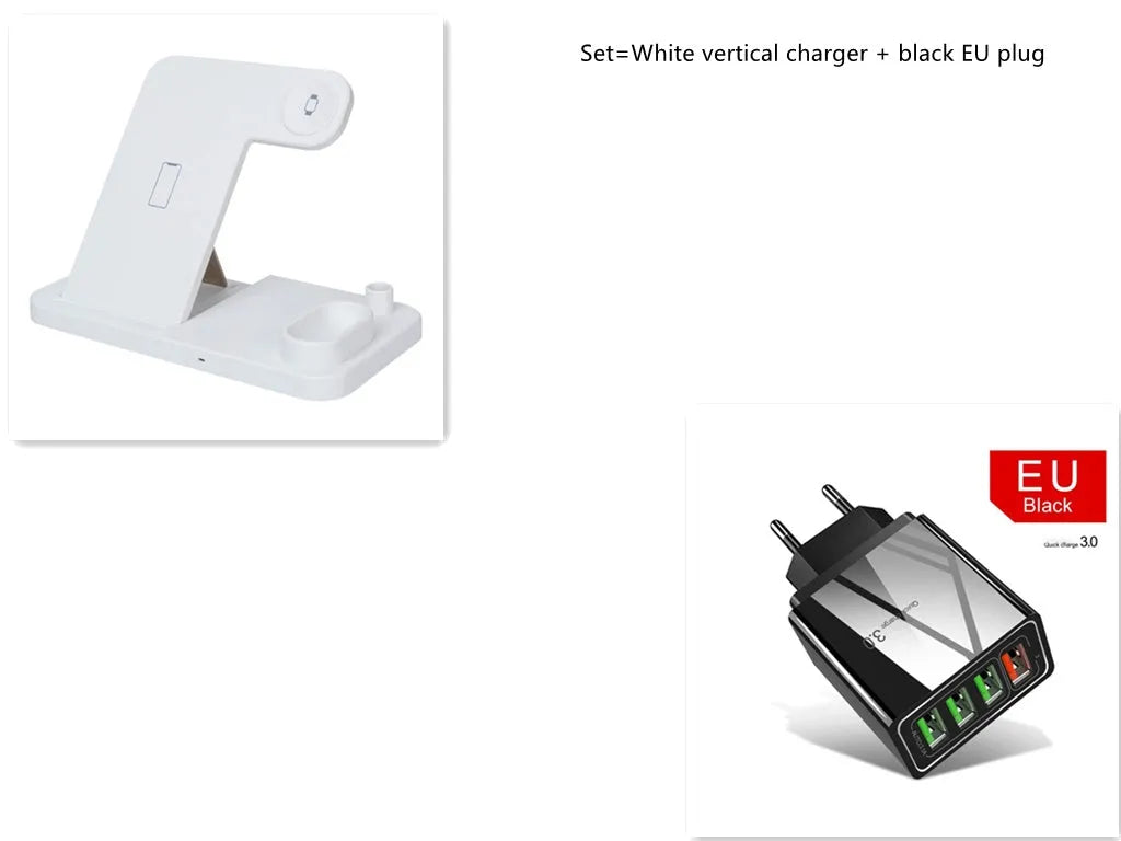 Black 4-in-1 wireless charging station for iPhone, Apple Watch, AirPods and Apple Pencil on a desk