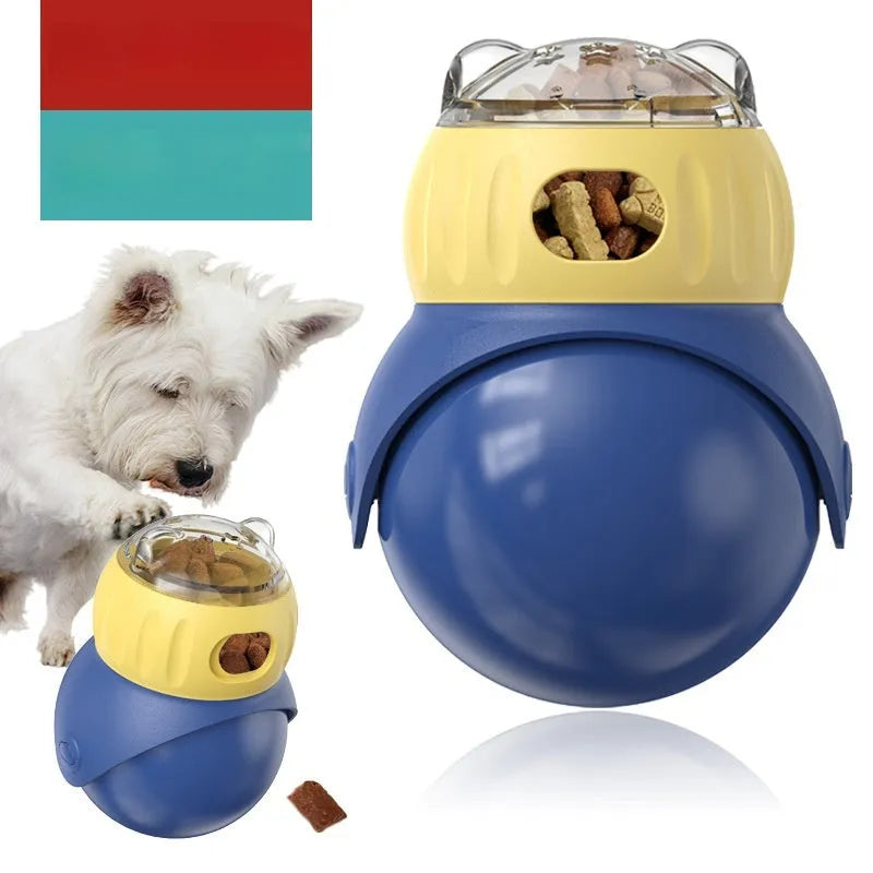 Owl-shaped plastic cat feeder toy in morandi yellow and blue colours for interactive food dispensing