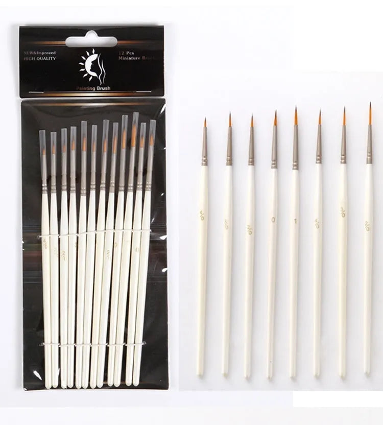 Set of 12 Pearl White handled artist paint brushes with nylon wool heads, sizes 000 to 4/0.