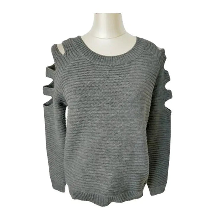 Women's white hollow-out crochet knit shirt with round neck and long sleeves