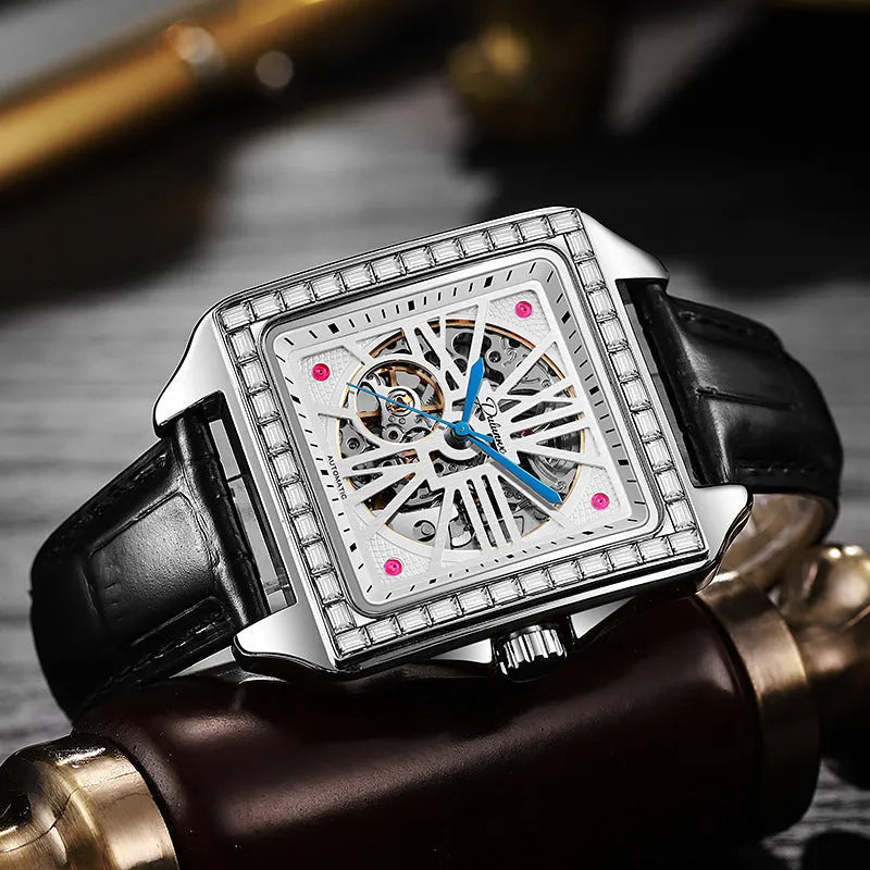 Square diamond-studded automatic watch for men with choice of black or white steel and leather straps