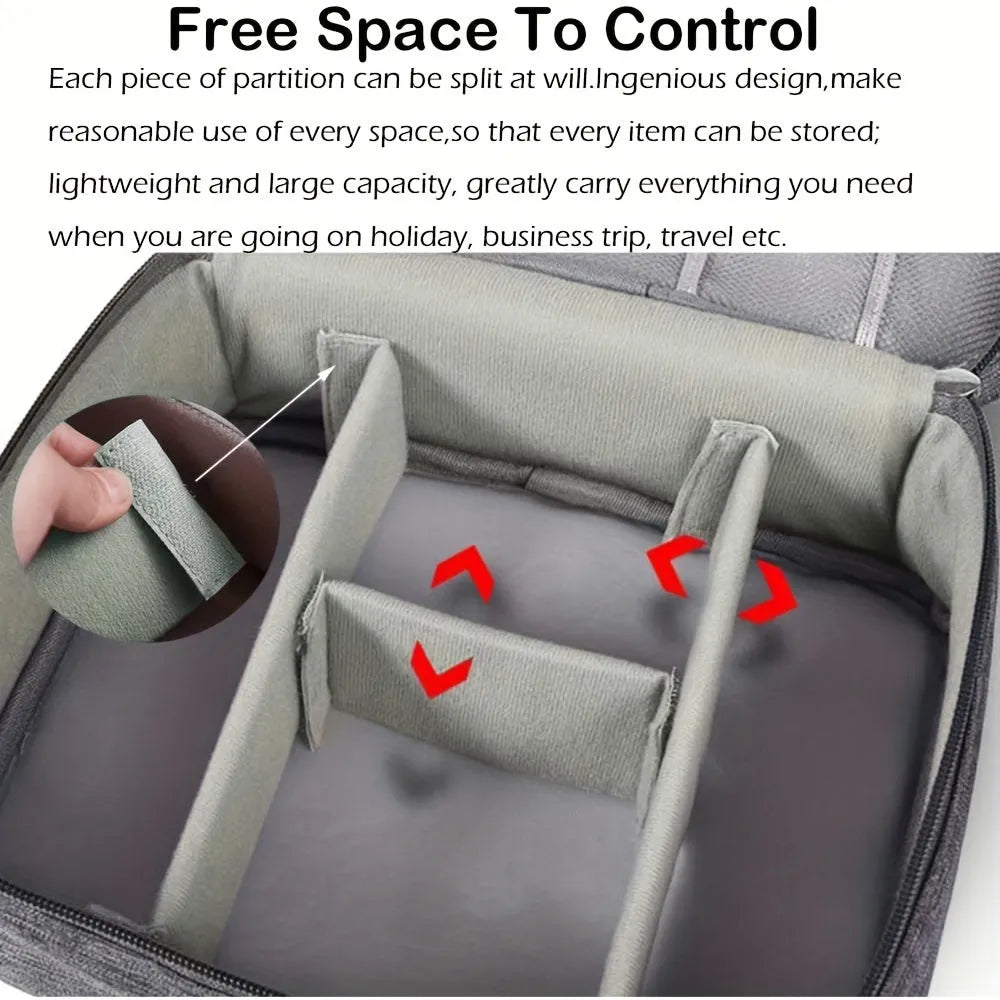 Black electronics organiser case open to show mesh pockets, elastic loops and removable padded dividers inside.