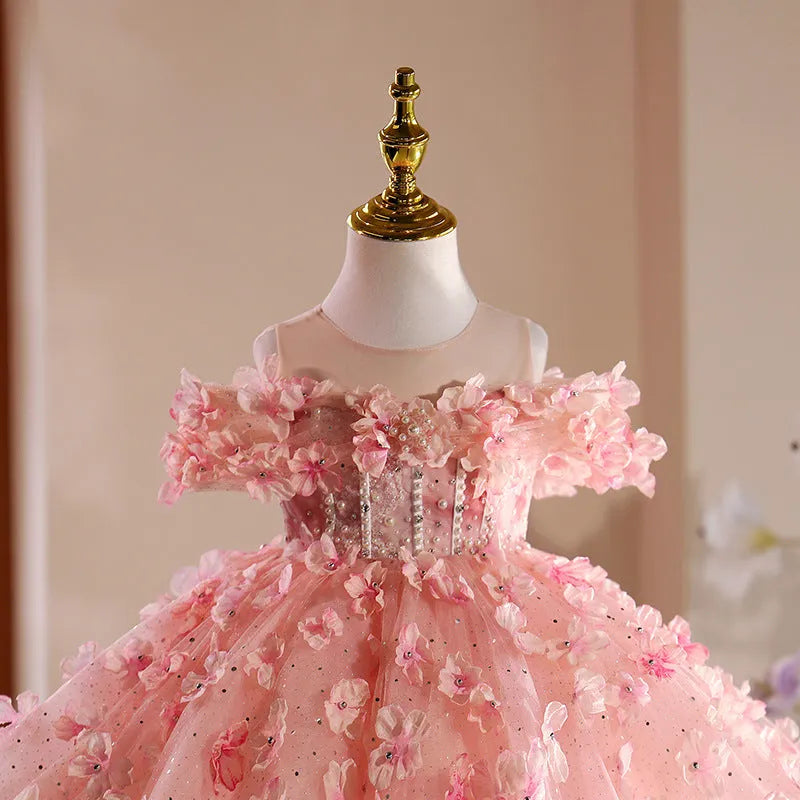 Pink girls' princess pettiskirt in polyester fibre with full layered skirt for 80-150cm height