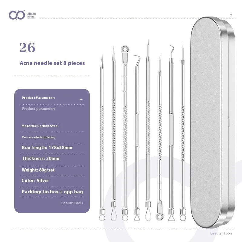 Four silver metal acne needles with ultra-fine points for blackhead removal.