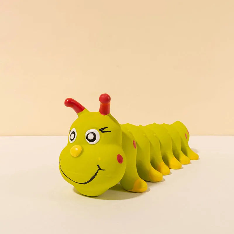 Yellow rubber caterpillar squeaky dog toy measuring 25.5x9cm for small and medium dogs