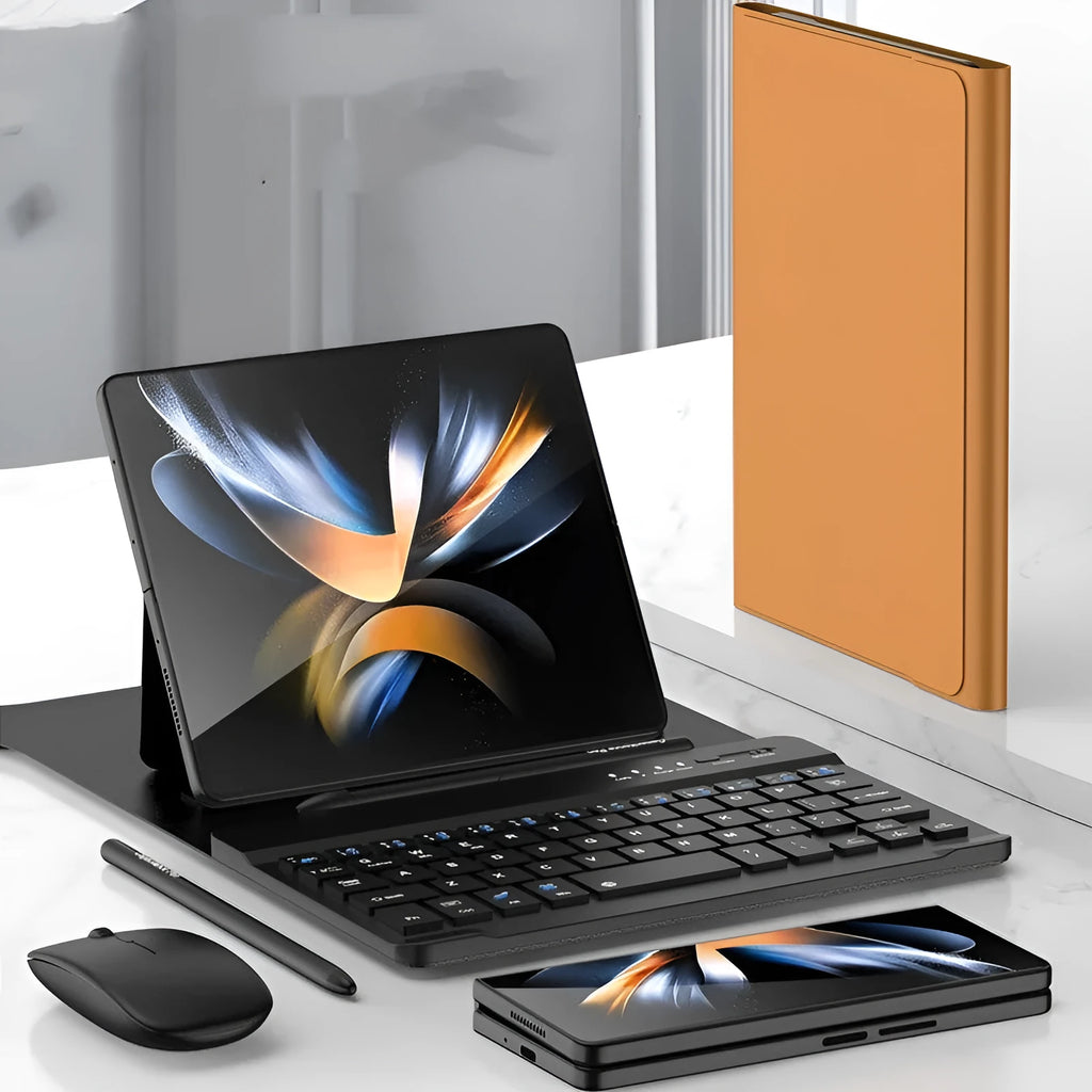 Wireless keyboard leather case for Samsung Fold with Bluetooth mouse and stylus holder anti-fall stand